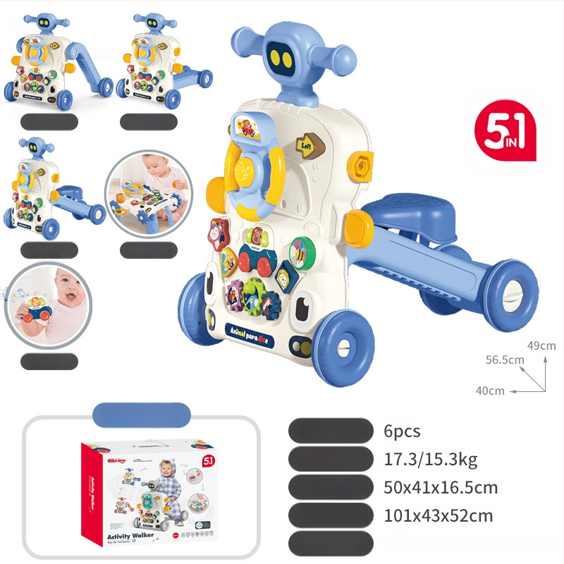 5-in-1 vaikiškas žingsnių žaislas: daugiafunkcinis vaikštynės vežimėlis, plastikinė konstrukcija, tinkamas 0–3 metų amžiui
