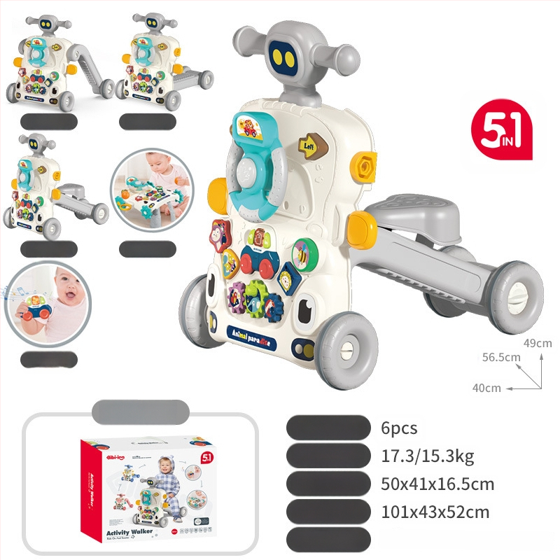 5-in-1 vaikiškas žingsnių žaislas: daugiafunkcinis vaikštynės vežimėlis, plastikinė konstrukcija, tinkamas 0–3 metų amžiui