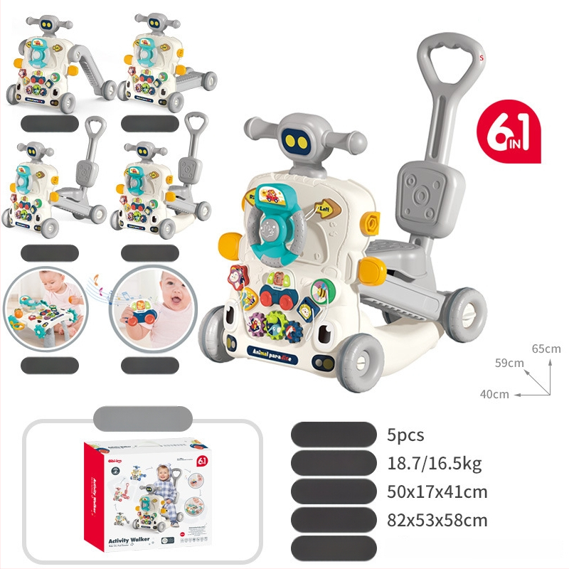 5-in-1 vaikiškas žingsnių žaislas: daugiafunkcinis vaikštynės vežimėlis, plastikinė konstrukcija, tinkamas 0–3 metų amžiui