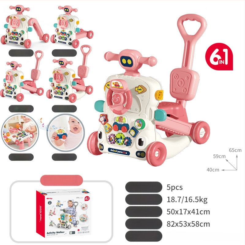 5-in-1 vaikiškas žingsnių žaislas: daugiafunkcinis vaikštynės vežimėlis, plastikinė konstrukcija, tinkamas 0–3 metų amžiui