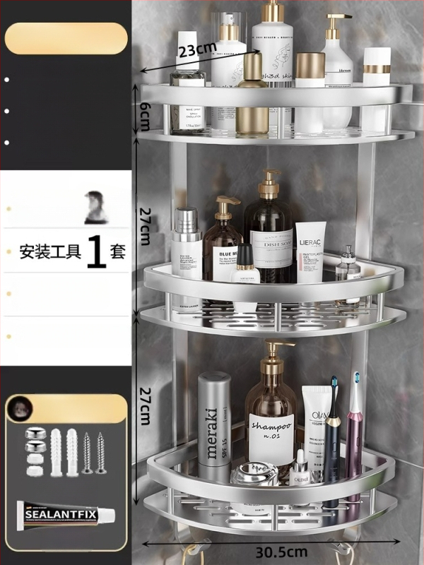 Raft de baie Space Aluminum, colț triunghiular, montat pe perete, 3 etaje