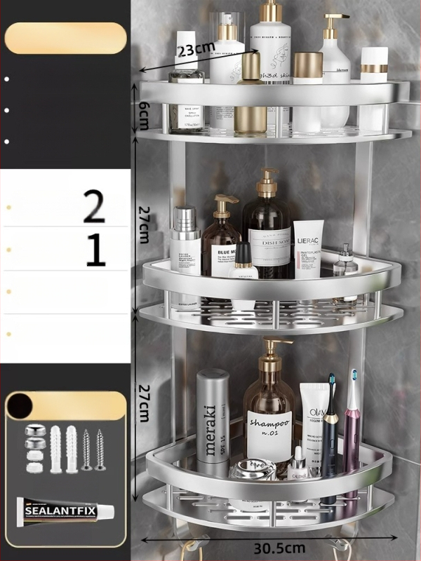 Raft de baie Space Aluminum, colț triunghiular, montat pe perete, 3 etaje