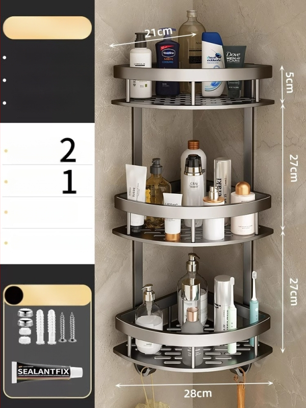 Raft de baie Space Aluminum, colț triunghiular, montat pe perete, 3 etaje