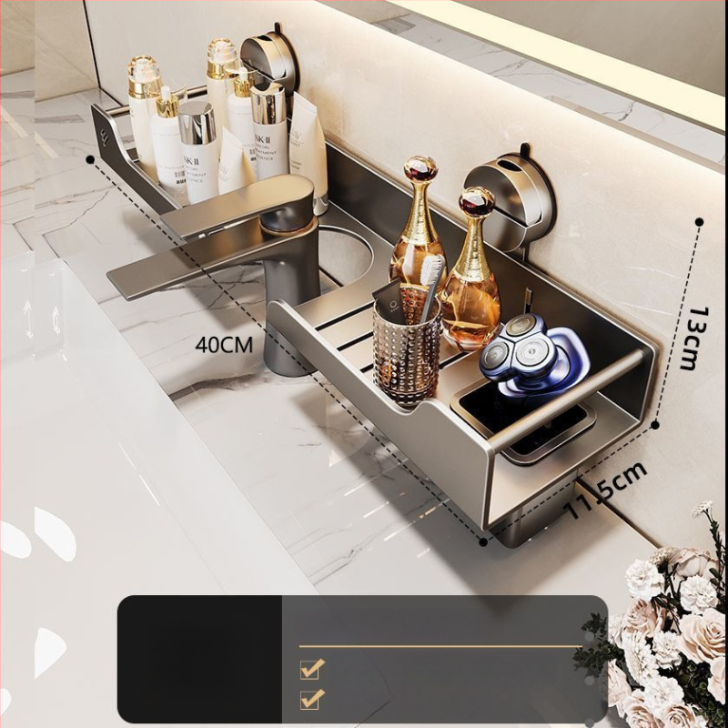 Raft de baie montat pe perete pentru chiuvetă, fără găuri, oțel carbon, 1 nivel, stil modern minimalist, capacitate 10 kg