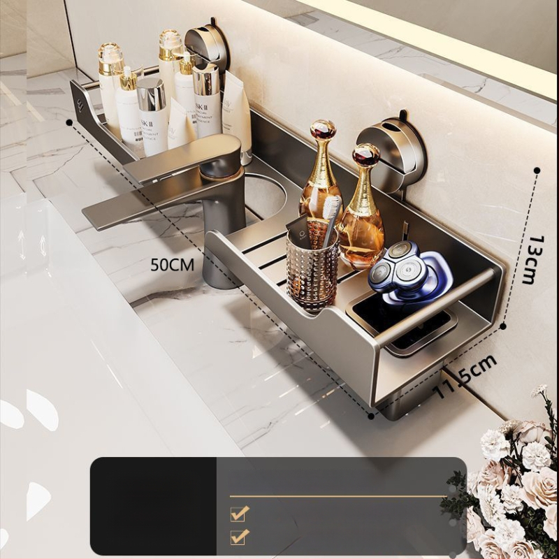 Raft de baie montat pe perete pentru chiuvetă, fără găuri, oțel carbon, 1 nivel, stil modern minimalist, capacitate 10 kg