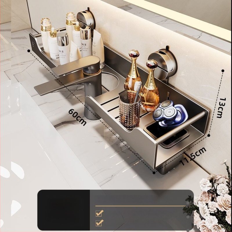 Raft de baie montat pe perete pentru chiuvetă, fără găuri, oțel carbon, 1 nivel, stil modern minimalist, capacitate 10 kg