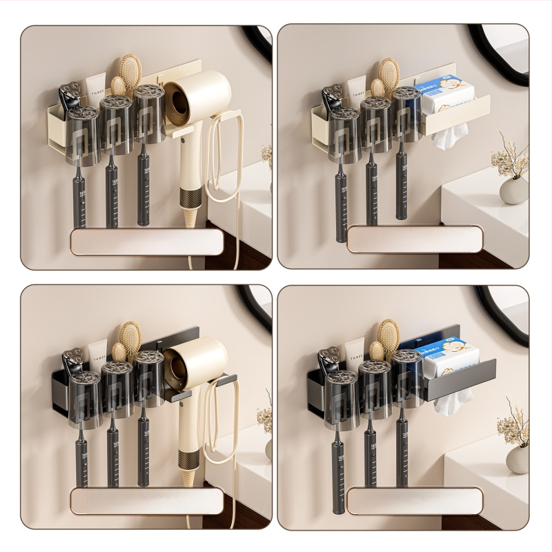 Raft de baie pentru depozitare cu suport pentru pahare de gură, suport pentru periuțe de dinți și suport pentru uscător de păr; din oțel cu conținut de carbon, finisaj vopsire la cuptor, încărcare 10–15 kg, stil modern minimalist