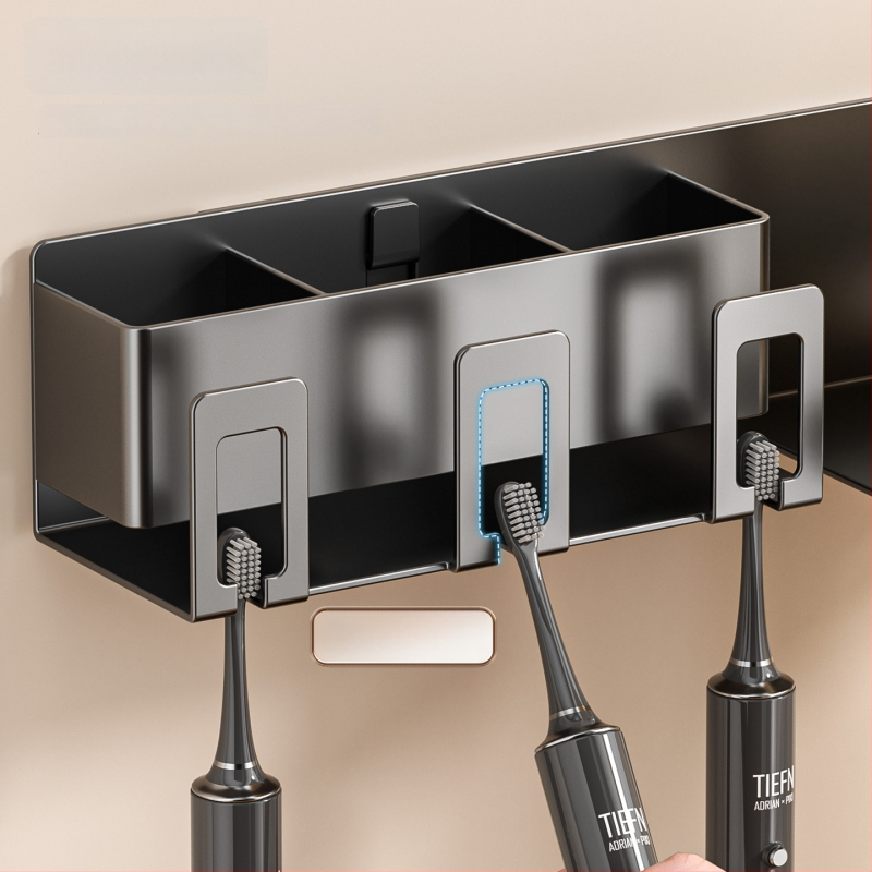 Raft de baie pentru depozitare cu suport pentru pahare de gură, suport pentru periuțe de dinți și suport pentru uscător de păr; din oțel cu conținut de carbon, finisaj vopsire la cuptor, încărcare 10–15 kg, stil modern minimalist