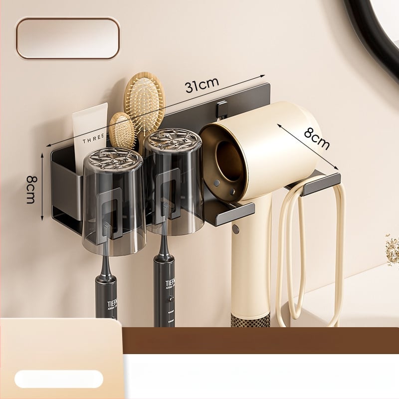 Raft de baie pentru depozitare cu suport pentru pahare de gură, suport pentru periuțe de dinți și suport pentru uscător de păr; din oțel cu conținut de carbon, finisaj vopsire la cuptor, încărcare 10–15 kg, stil modern minimalist