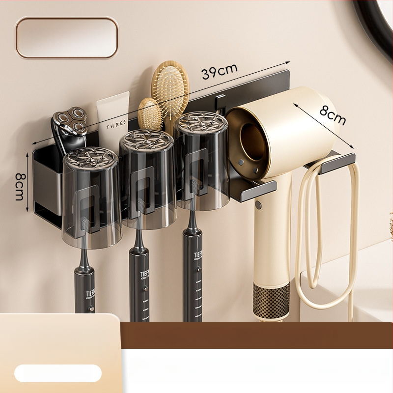 Raft de baie pentru depozitare cu suport pentru pahare de gură, suport pentru periuțe de dinți și suport pentru uscător de păr; din oțel cu conținut de carbon, finisaj vopsire la cuptor, încărcare 10–15 kg, stil modern minimalist