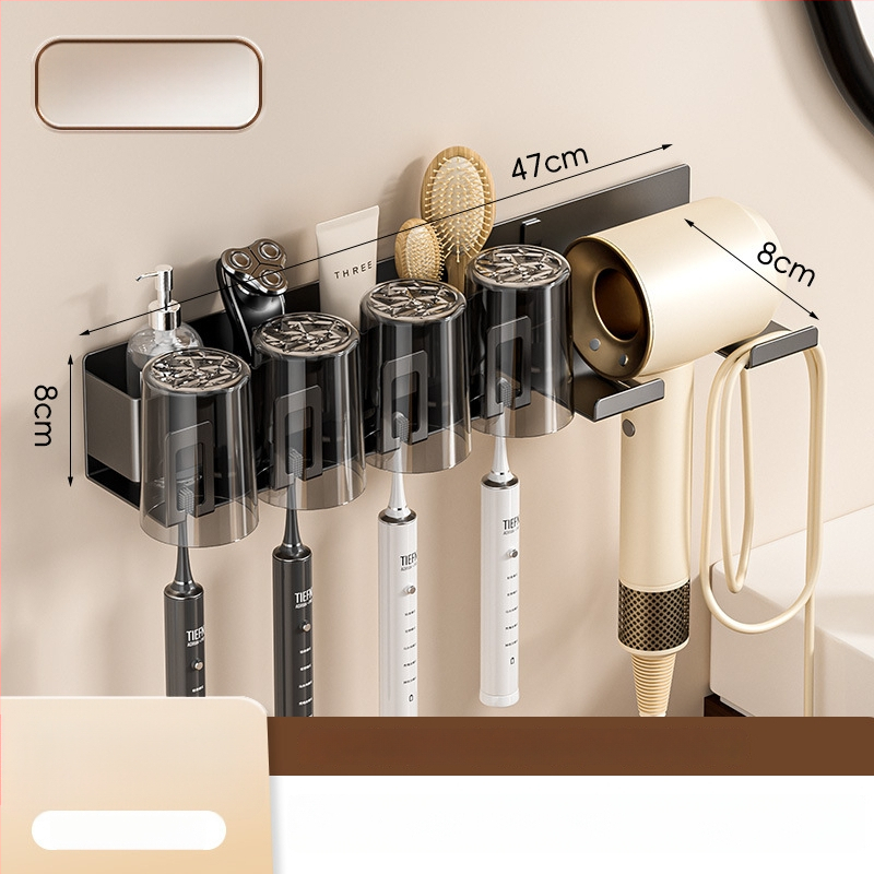 Raft de baie pentru depozitare cu suport pentru pahare de gură, suport pentru periuțe de dinți și suport pentru uscător de păr; din oțel cu conținut de carbon, finisaj vopsire la cuptor, încărcare 10–15 kg, stil modern minimalist