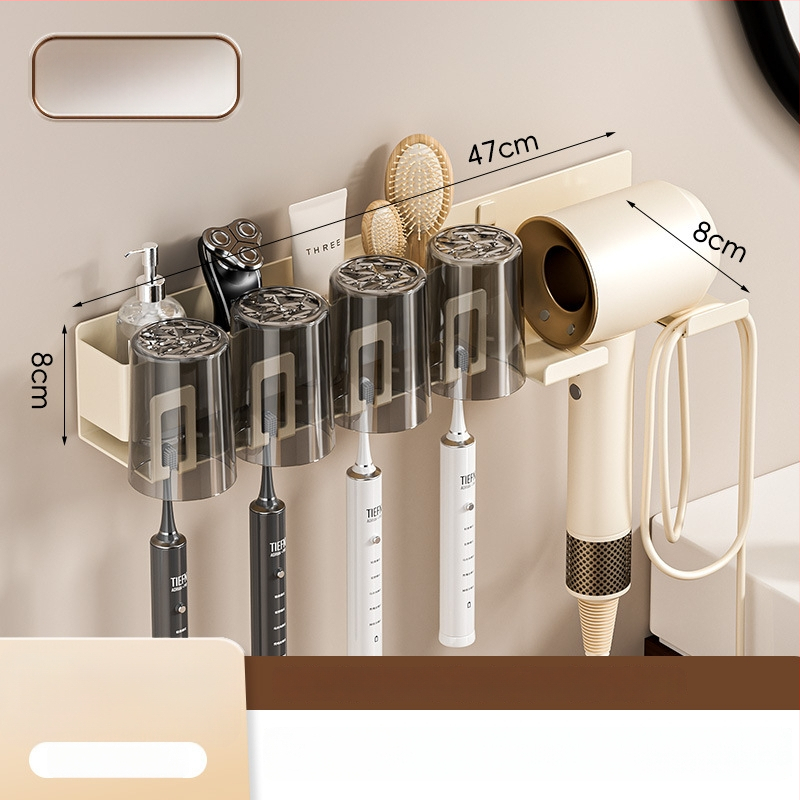 Raft de baie pentru depozitare cu suport pentru pahare de gură, suport pentru periuțe de dinți și suport pentru uscător de păr; din oțel cu conținut de carbon, finisaj vopsire la cuptor, încărcare 10–15 kg, stil modern minimalist