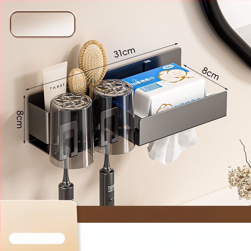Raft de baie pentru depozitare cu suport pentru pahare de gură, suport pentru periuțe de dinți și suport pentru uscător de păr; din oțel cu conținut de carbon, finisaj vopsire la cuptor, încărcare 10–15 kg, stil modern minimalist