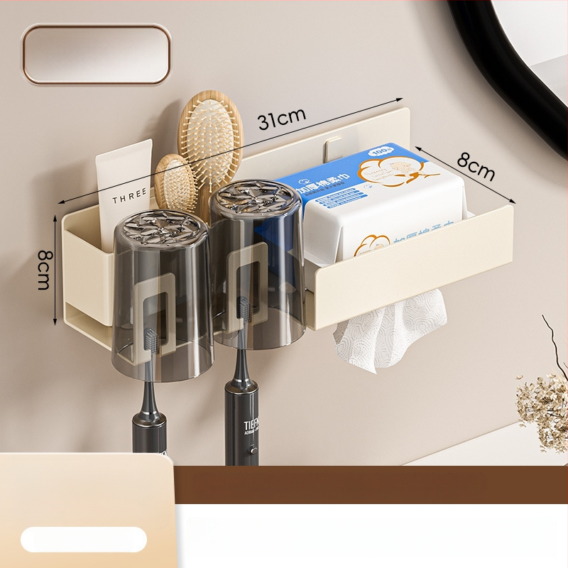 Raft de baie pentru depozitare cu suport pentru pahare de gură, suport pentru periuțe de dinți și suport pentru uscător de păr; din oțel cu conținut de carbon, finisaj vopsire la cuptor, încărcare 10–15 kg, stil modern minimalist