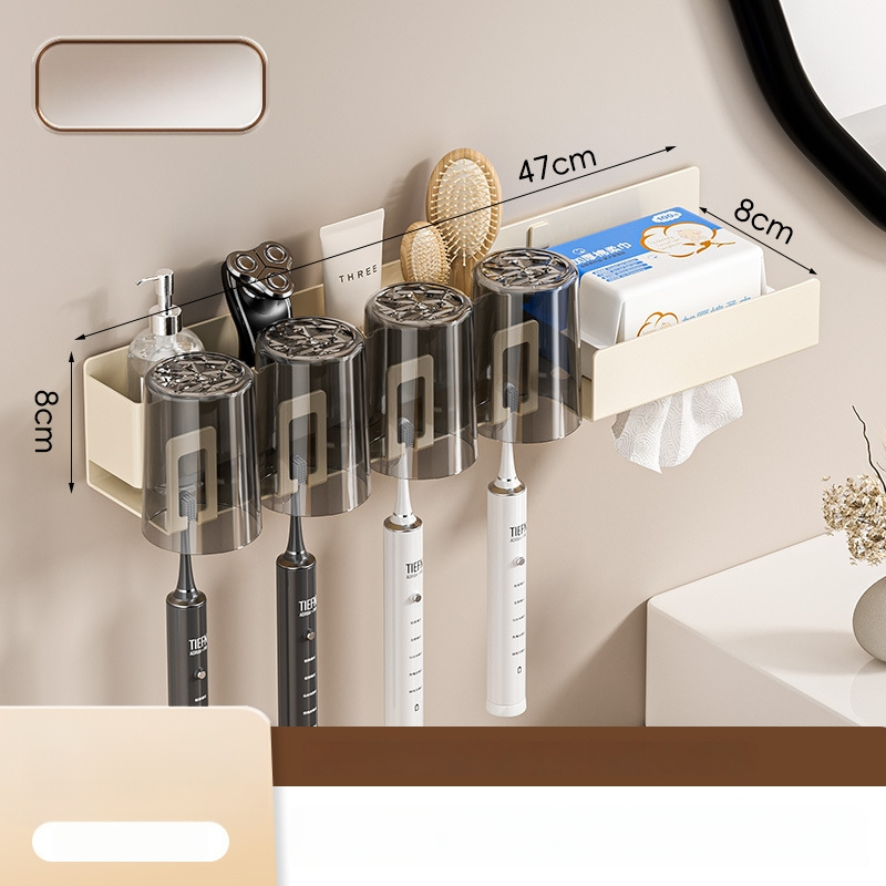Raft de baie pentru depozitare cu suport pentru pahare de gură, suport pentru periuțe de dinți și suport pentru uscător de păr; din oțel cu conținut de carbon, finisaj vopsire la cuptor, încărcare 10–15 kg, stil modern minimalist