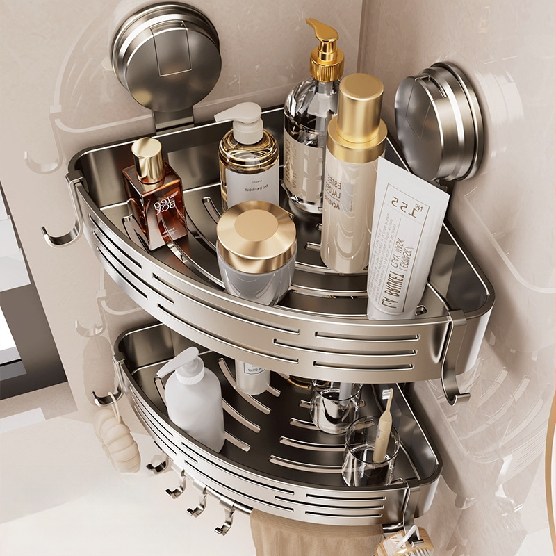 Raft de baie cu ventuză, montat pe perete, 3 etaje triunghiulare, ABS, stil Nordic, încărcătură 10–15 kg