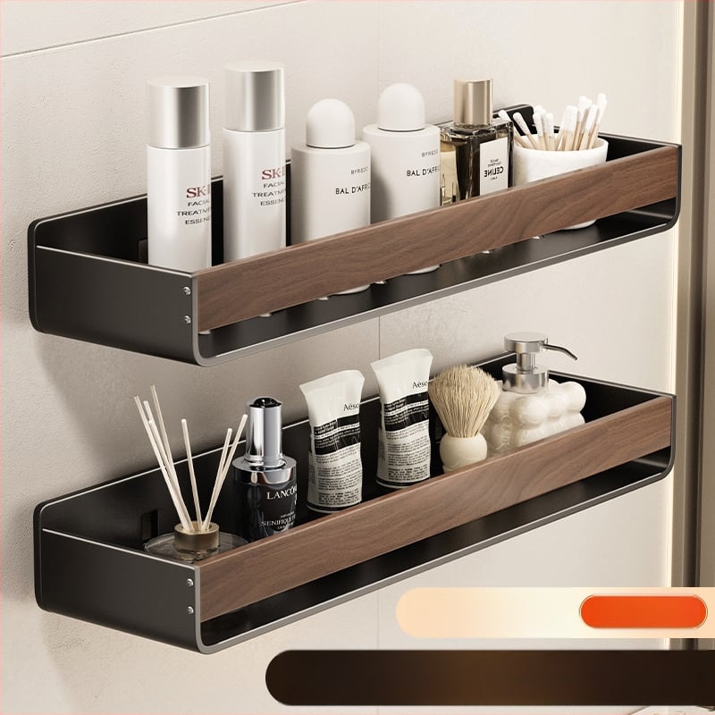 Raft de baie pe perete, aspect nuc, fără găuri, două niveluri, din oțel carbon și acrilic, încărcare 25–30 kg