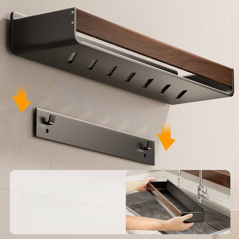 Raft de baie pe perete, aspect nuc, fără găuri, două niveluri, din oțel carbon și acrilic, încărcare 25–30 kg