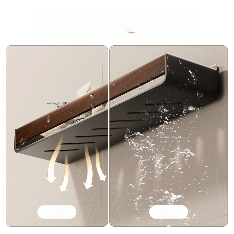 Raft de baie pe perete, aspect nuc, fără găuri, două niveluri, din oțel carbon și acrilic, încărcare 25–30 kg