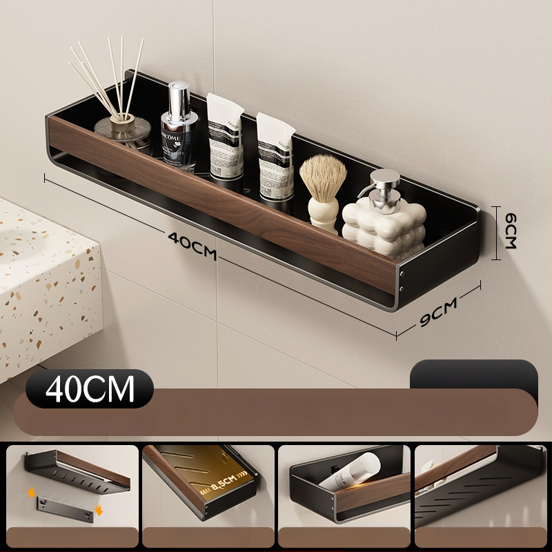 Raft de baie pe perete, aspect nuc, fără găuri, două niveluri, din oțel carbon și acrilic, încărcare 25–30 kg