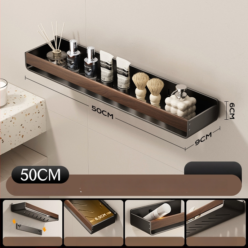 Raft de baie pe perete, aspect nuc, fără găuri, două niveluri, din oțel carbon și acrilic, încărcare 25–30 kg