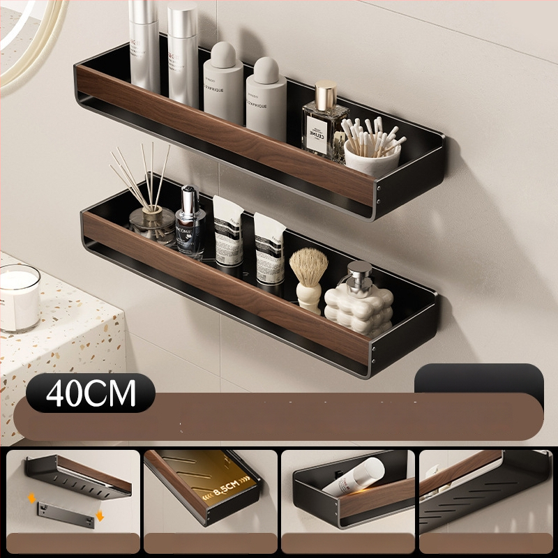 Raft de baie pe perete, aspect nuc, fără găuri, două niveluri, din oțel carbon și acrilic, încărcare 25–30 kg