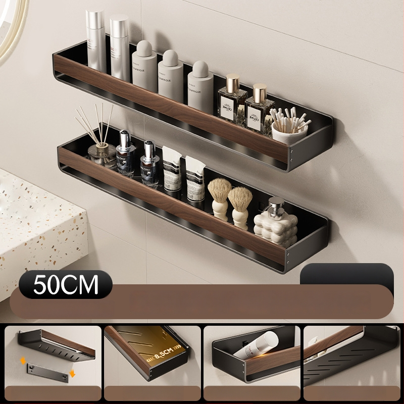 Raft de baie pe perete, aspect nuc, fără găuri, două niveluri, din oțel carbon și acrilic, încărcare 25–30 kg