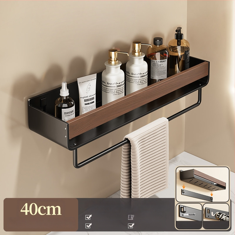 Raft de baie pe perete, aspect nuc, fără găuri, două niveluri, din oțel carbon și acrilic, încărcare 25–30 kg