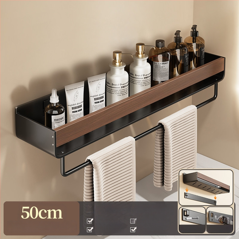 Raft de baie pe perete, aspect nuc, fără găuri, două niveluri, din oțel carbon și acrilic, încărcare 25–30 kg