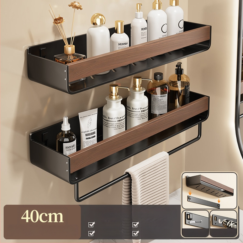 Raft de baie pe perete, aspect nuc, fără găuri, două niveluri, din oțel carbon și acrilic, încărcare 25–30 kg