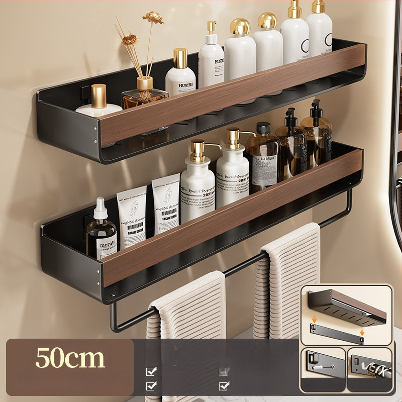 Raft de baie pe perete, aspect nuc, fără găuri, două niveluri, din oțel carbon și acrilic, încărcare 25–30 kg