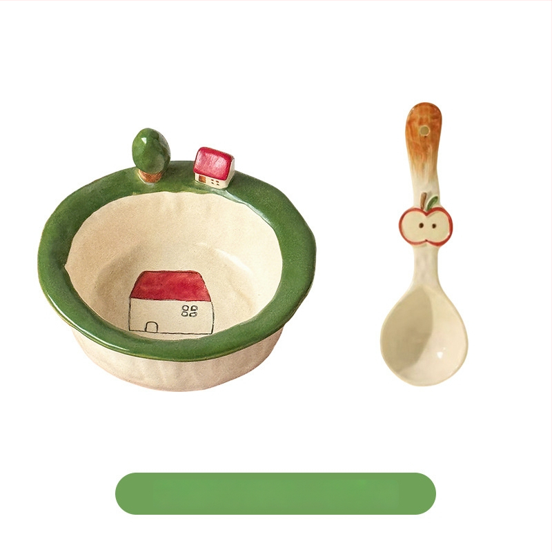 Kerámia tálak és tányérok készlet cartoon mintával, aranyos stílus, kör forma, mikrohullámú sütőben használható