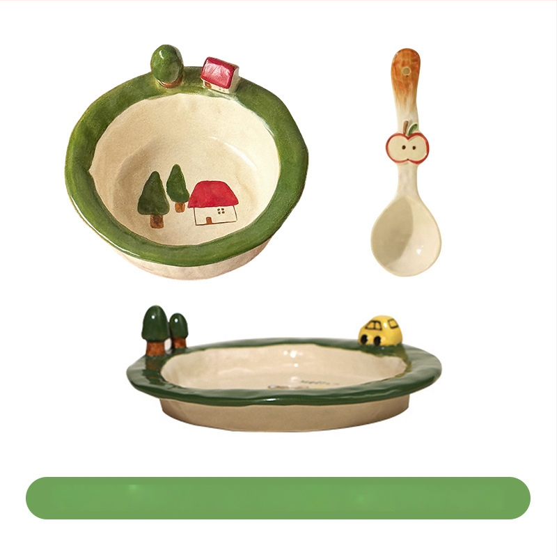 Kerámia tálak és tányérok készlet cartoon mintával, aranyos stílus, kör forma, mikrohullámú sütőben használható