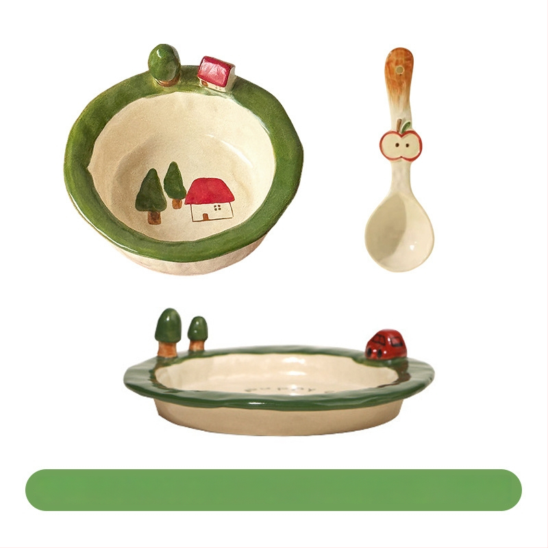 Kerámia tálak és tányérok készlet cartoon mintával, aranyos stílus, kör forma, mikrohullámú sütőben használható