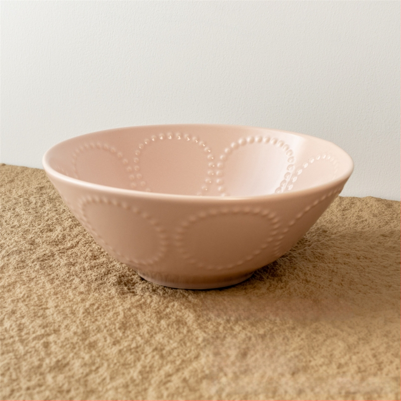 Kerámia tál domborított gyöngy-karika mintával, retro stílus, kerek alak, mikróban használható.