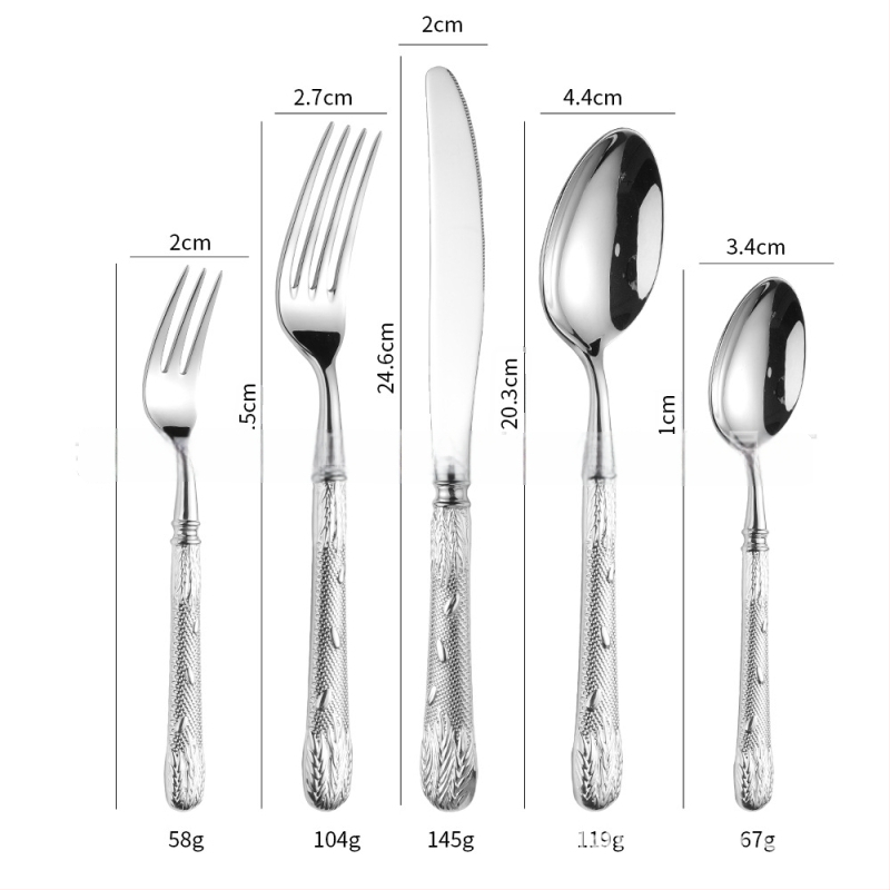 304 rozsdamentes acélból készült evőeszköz készlet – steak kés, villa, kanál és desszertkanál; tükörfényes felület, retro könnyed luxus stílus; kovácsolt búzaszem mintázat; kézzel készített