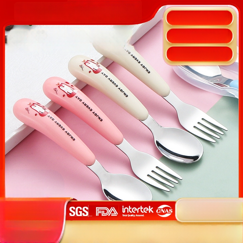 Gyerekeknek készült 304 rozsdamentes acél kanál- és villa készlet — hordozható evőeszközök karikatúra dizájnnal, tanuláshoz és otthoni használatra