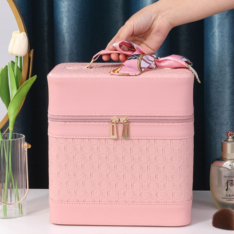 Многослойна козметична кутия за пътуване с огледало, PVC, цип, каре шарка, антибактериална, с универсални колела