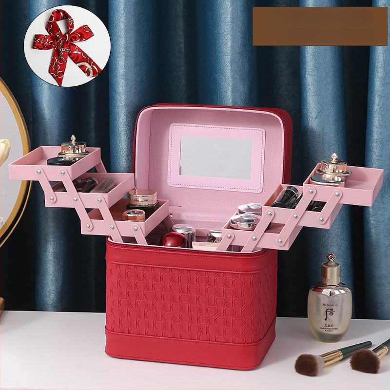 Многослойна козметична кутия за пътуване с огледало, PVC, цип, каре шарка, антибактериална, с универсални колела