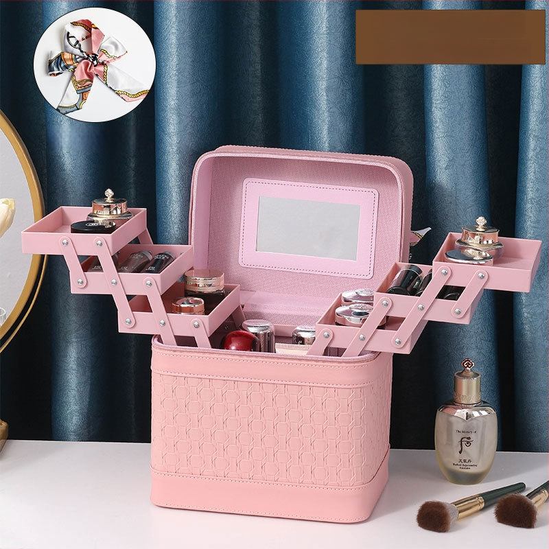 Многослойна козметична кутия за пътуване с огледало, PVC, цип, каре шарка, антибактериална, с универсални колела