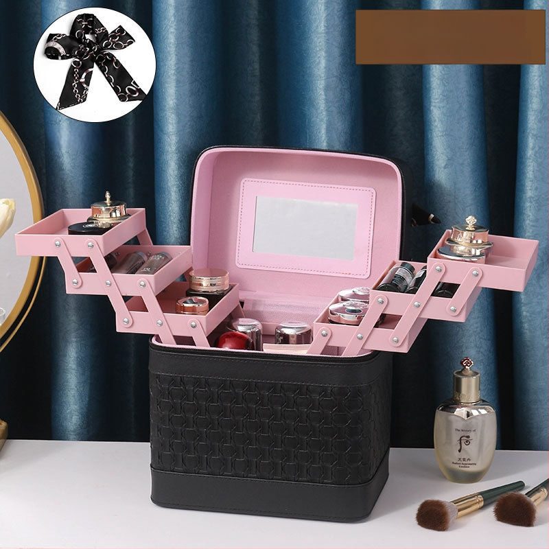 Многослойна козметична кутия за пътуване с огледало, PVC, цип, каре шарка, антибактериална, с универсални колела