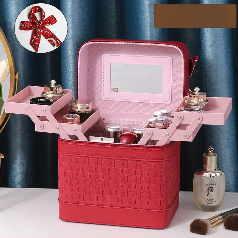 Многослойна козметична кутия за пътуване с огледало, PVC, цип, каре шарка, антибактериална, с универсални колела