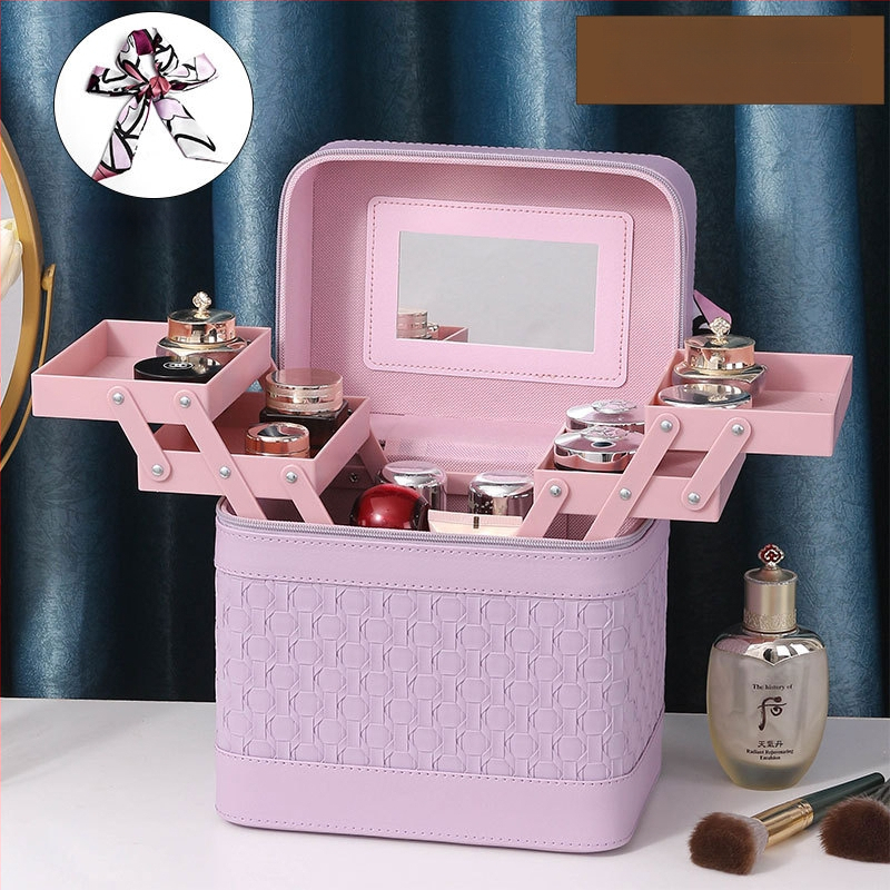 Многослойна козметична кутия за пътуване с огледало, PVC, цип, каре шарка, антибактериална, с универсални колела