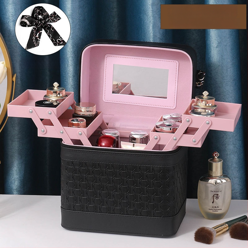 Многослойна козметична кутия за пътуване с огледало, PVC, цип, каре шарка, антибактериална, с универсални колела