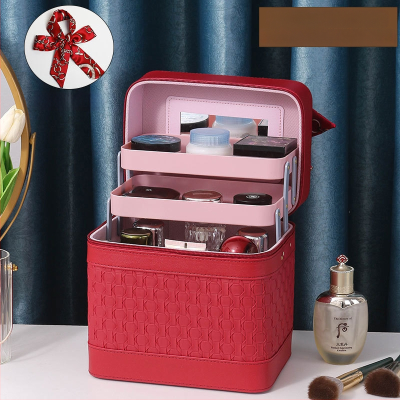 Многослойна козметична кутия за пътуване с огледало, PVC, цип, каре шарка, антибактериална, с универсални колела