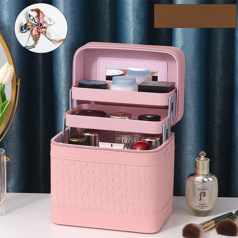 Многослойна козметична кутия за пътуване с огледало, PVC, цип, каре шарка, антибактериална, с универсални колела