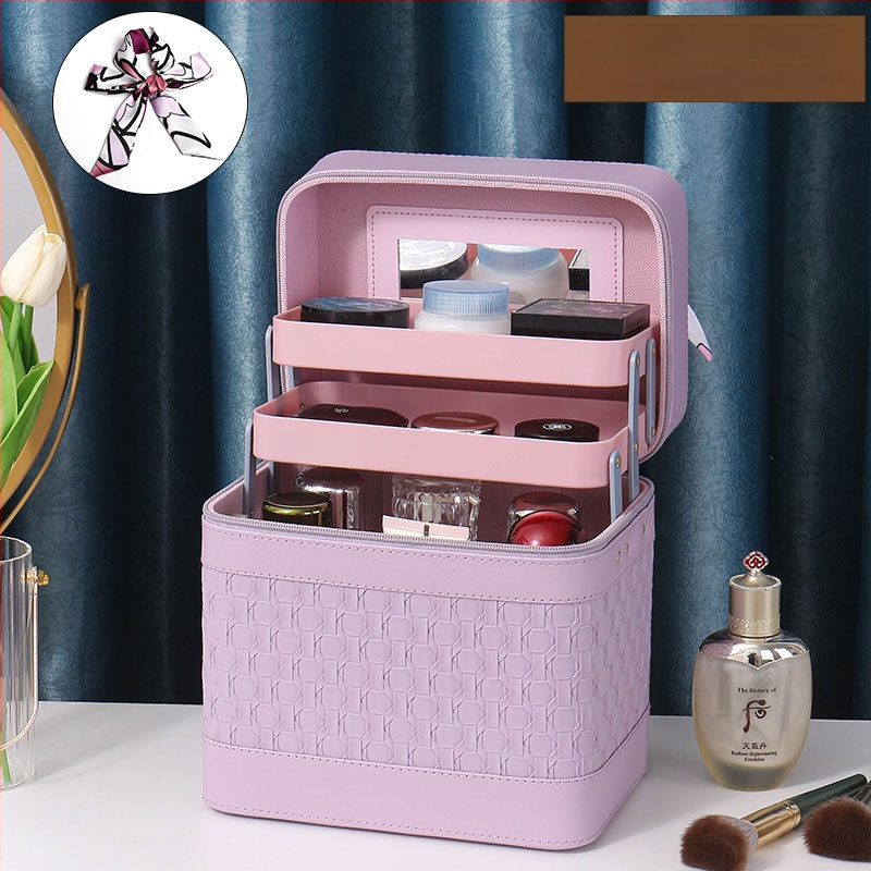 Многослойна козметична кутия за пътуване с огледало, PVC, цип, каре шарка, антибактериална, с универсални колела