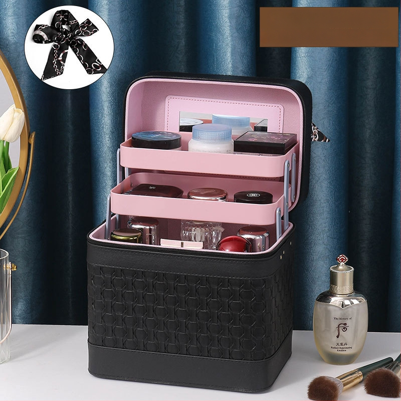 Многослойна козметична кутия за пътуване с огледало, PVC, цип, каре шарка, антибактериална, с универсални колела