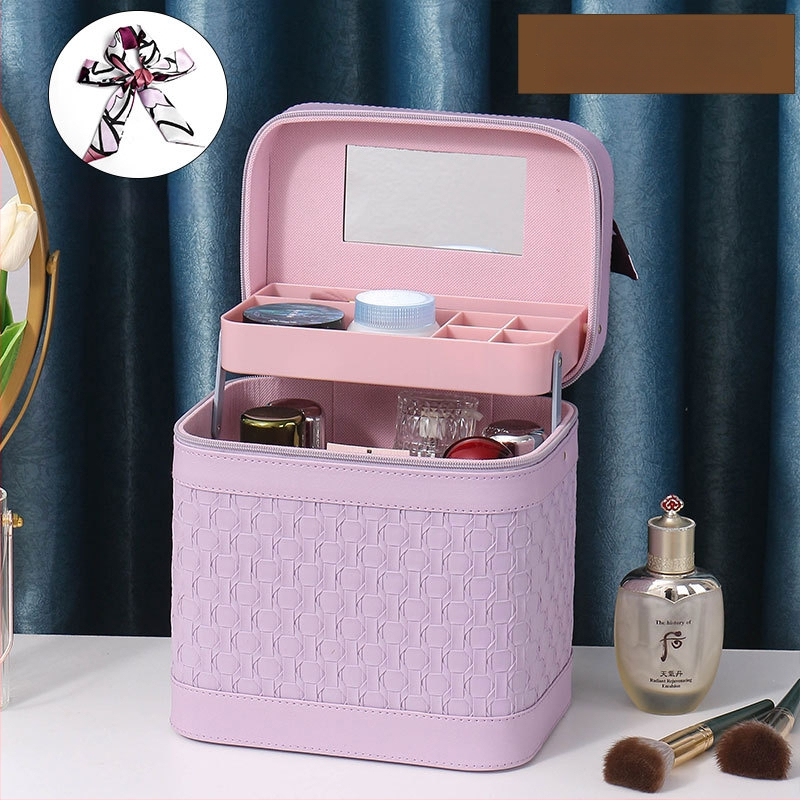 Многослойна козметична кутия за пътуване с огледало, PVC, цип, каре шарка, антибактериална, с универсални колела
