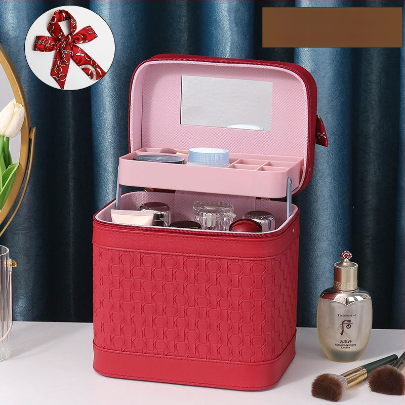 Многослойна козметична кутия за пътуване с огледало, PVC, цип, каре шарка, антибактериална, с универсални колела
